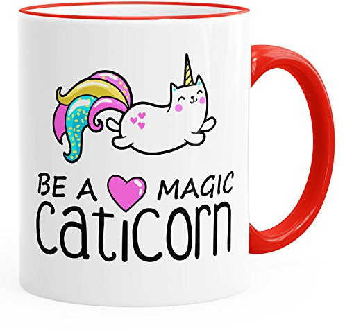 MoonWorks Kaffee-Tasse Be a Magic Caticorn Einhorn Unicorn Einhorn-Tasse mit Farbkante rot Unisize