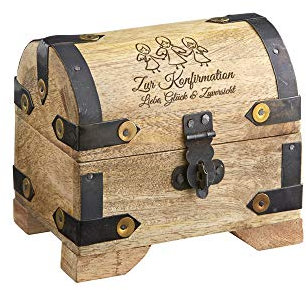 Casa Vivente Kleine Geldschatztruhe mit Gravur zur Konfirmation, Motiv Engel, Helles Holz, Vintage Bauernkasse, Verpackung für Geldgeschenke, Geschenkideen für Konfirmanden