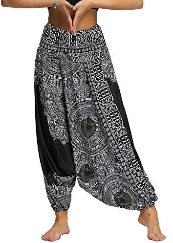 Nuofengkudu Damen Pumphose Aladin Thai Haremshose Hippie Bunt Muster Baggy Leichte Yoga Hosen Hip Hop Sommer Strandhose (Schwarz Muster A,One Size)