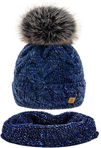 MFAZ Morefaz Ltd Set Mütze & Schal Winter Damen Alpaka Wolle Beanie Strickmütze Wurm Fleece Bommel Pom Pom (Nave Set Hat&Scarf)