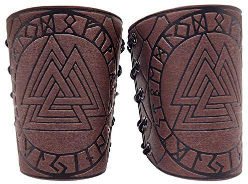 HiiFeuer Viking Odin Valknut Geprägte Armschützer, Mittelalterliche PU-Leder Armschienen für LARP (Braun)