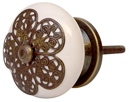 Knober Bouton de meuble en céramique blanche porcelaine 40 mm Style maison de campagne shabby chic (Antique AD28)