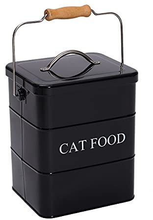 Geyecete- Cajas Almacenamiento de Alimentos y golosinas para Animales, con Mango de Madera y herméticas Tapa, Acero Carbono Revestido Contenedor de Comida para Gatos -Capacidad 3kgs-Negro