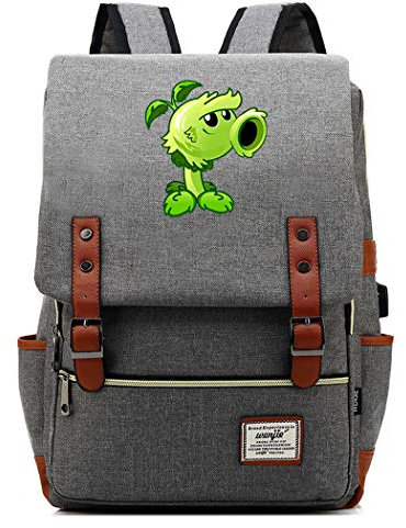 WANHONGYUE Plants vs. Zombies Game Anime College Student Schoolbag 15.6-inch Laptop Backpack Vintage Rucksack with USB Charging Port Light Grey / 2