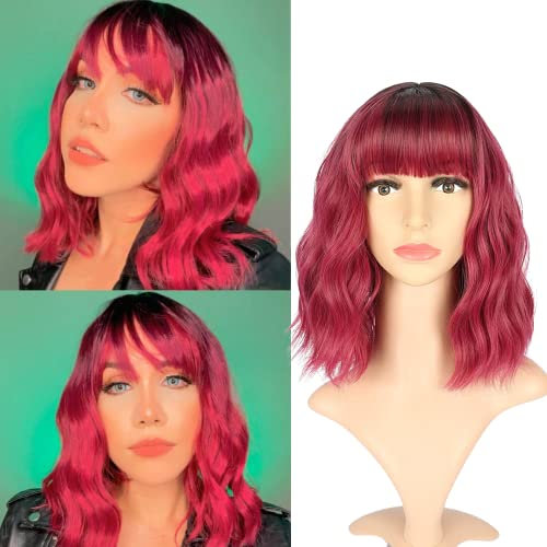 VCKOVCKO Ombre Color Natürliche gewellte Bob Perücke mit Pony Kurze Bob Perücken Damen schulterlange Perücken Schwarz bis Lila Curly Wavy Synthetic Cosplay(12,schwarz bis weinig)