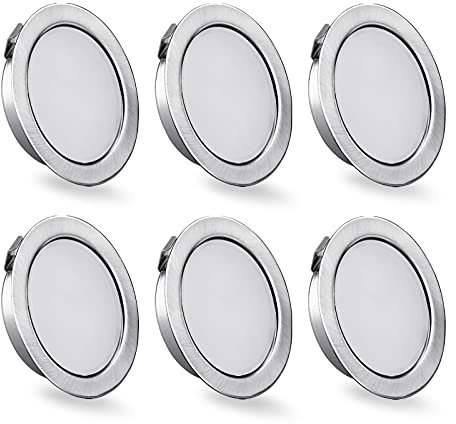 KYOTECH 6er Set LED Möbelleuchte 230V, 3.5W LED IP44 G4 15mm Flache Möbel Einbaustrahler in Edelstahl gebürstet Optik, 3000K Warmweiß, Küchenhaube Leuchte, Badleuchte Einbauspot