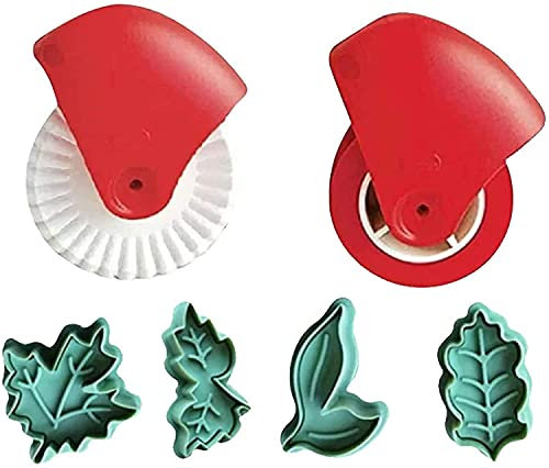 Pastry Wheel Roll and Decorating Plunger Cookie Biscuit Lattice Cutter Pie Crust Christmas DIY Baking Tools, Pastry Wheel Decorator and Cutter Set+4 Cookie Molds, Pastry Pie Decoration Cutter