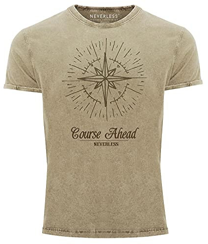 Neverless® Maglietta da uomo, vintage, con bussola, colore rosa dei venti, naturale, XL