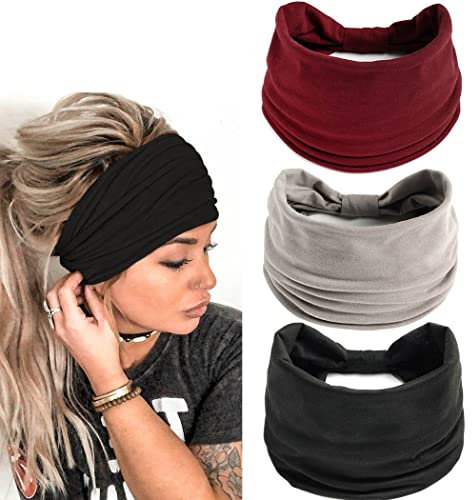 Generse Breite Stirnbänder, schwarz, Boho-Haarband, Yoga, Schweißband, Turban, elastische Stirnbänder für Damen und Mädchen, 3 Stück (B)