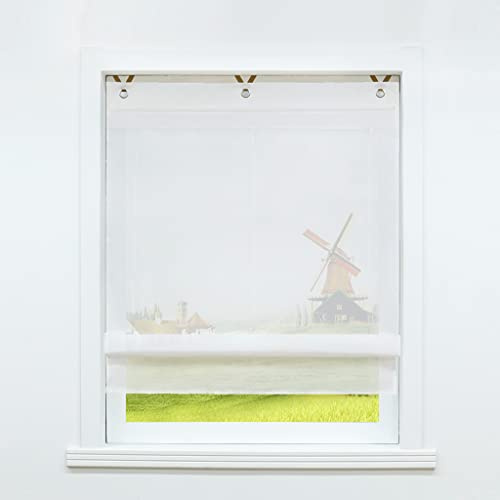 CORLIF Voile Raffrollo ohne Bohren Küche Gardinen Transparente Raffgardine mit Ösen Vorhänge mit Farbiger Blende Modern Weiß BxH 120X155cm 1 Stück