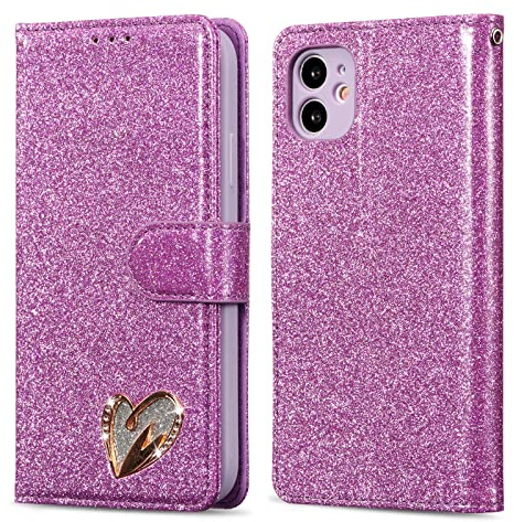 QLTYPRI Wallet Case for iPhone 12 Pro, Glitter PU Leather Case TPU Bumper Card Holder Kickstand Wrist Strap Inlaid Heart Diamond Flip Folio Cover - Purple