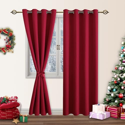 DWCN Gardinen Blickdicht Verdunkelungsgardinen mit Ösen Weihnachtsvorhänge mit Vorhang-Krawatten, Wärmeisolierende Gardinen Kurz Thermovorhang 2 Stücke, Rot, 215x140cm(HxB)