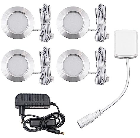 NUZAMAS 4 éclairages LED sous armoire 3 W à intensité variable, éclairage de placard sous comptoir pour placard, vitrine, étagère, armoire, armoire, blanc 6400 K, caravane, panneau LED encastré
