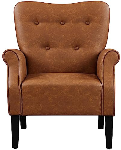 costoffs Modern Tub Chair, PU Leather Upholstered Armchair with Roll Arm, Wooden Legs, High Back and Comfortable Cushioned Seat for Living Room Bedroom Home Retro Brown