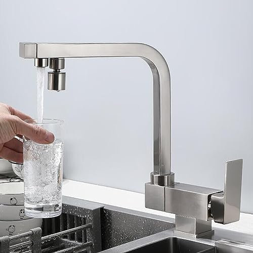 Mitigeur Cuisine 3 Voies Osmoseur Pliable Robinet de Cuisine 3 en 1 Laiton Eau Froide et Chaude Pivotant Robinet 3 Voies Cuisine-Brossé