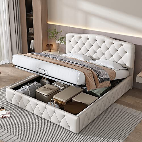 Becag Doppelbett 140x200 cm, Polsterbett mit Stauraum, Bett mit Lattenrost, Höhenverstellbares Kopfteil Betten, Rückenlehne Bett Stauraumbett Funktionsbett Jugendbett, Weiß Kunstleder, Ohne Matratze