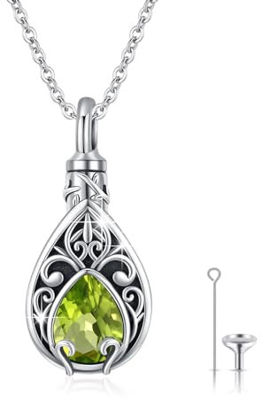 XIXLES Tree of Life Urn Necklace Teardrop Ashes Jewellery 925 Sterling Silver Urn Necklaces for Ashes Cremation Jewellery for Women Men Memorial Gifts for Human Ashes (8-Aug birthstone)