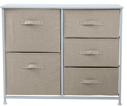SVITA Stoffkommode JALTE 5 Schubladen Leinenoptik Metall Aufbewahrungssystem Schlafzimmer Wohnzimmer Kinderzimmer Weiß/Beige