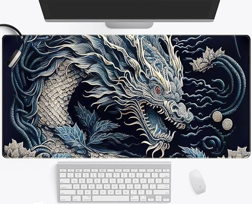 Oriental Dragon Desk Pad Chinese Japanese Dragon Mouse Pad Large, Anime Cool Gaming Keyboard Mat Navy Blue Extend Deskmat XXL, Laptop Mousemat Office Decor Desk Accessories for Men 31.5x15.75