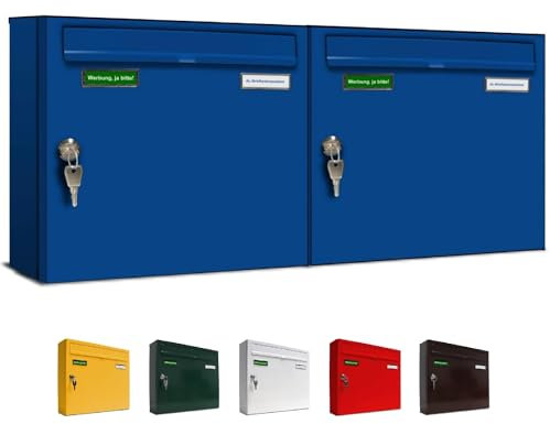 AL Briefkastensysteme Basic 2er Briefkasten RAL 5010 Enzian Blau 2 Fächer DIN A4 wetterfest Briefkastenanlage mit Posthaltebügel und 2 Namensschildern