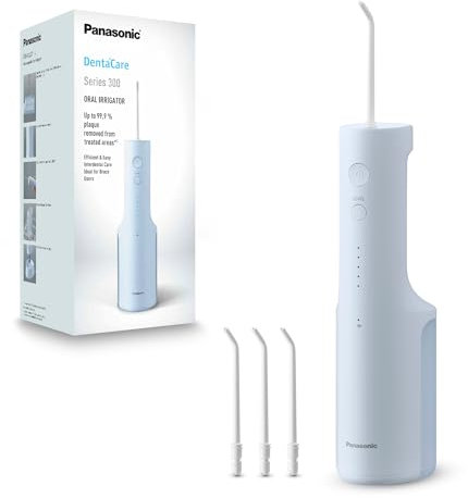 Panasonic Series 300 Water Flosser for Teeth, Cordless EW-DJ27-A311, 99.9% Plaque Remover, 200ml, IPX7, 4 Regular Nozzles, 5 Pressure Settings, Oral Irrigator for Home & Travel, Black