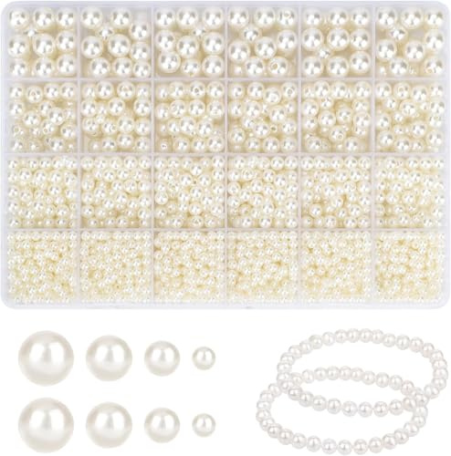 2120Pcs Pearl Beads, White Beads for Crafting 4/6/8/10mm, Ivory WhiteIvory Faux Fake Pearls with Holes for Bracelet Making, Bracelets, Necklaces, Hairs, Crafts, Decoration and Vase Filler