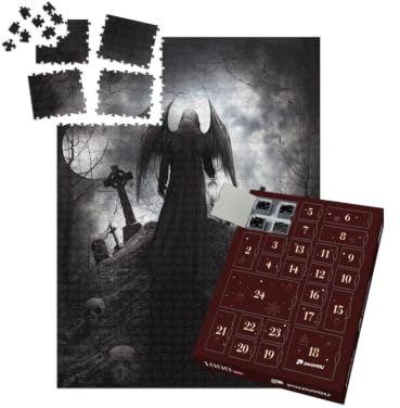 puzzleYOU: Puzzle-Adventskalender | „Illustration: Gothic-Figur mit Grabsteinen und Totenköpfen“ – aus der Puzzle-Kollektion Gothik