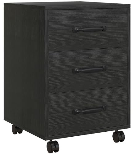 HOMCOM 3-Drawer Filing Cabinet, Mobile File Cabinet for Home Office, Small Rolling Filing Cabinet, Printer Stand, Under Desk File Cabinet for A4, Letter-Size Files, Black Wood Grain