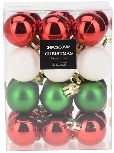 24 x Mini Baumkugeln Ø 3 cm zum Hängen - Bruchsicher -Baumschmuck Kunststoff für Innen und Außen - Kleine Christbaumkugeln (Sortiert (rot + grün + weiß))