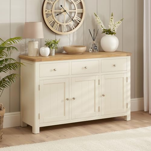 The Furniture Market Marbury Cream Painted | Large Sideboard | Wooden Storage Cabinet | 3 Drawers | 3 Cupboards | Adjustable Shelves | Fully Assembled | H 850 x W 1370 x D 420mm