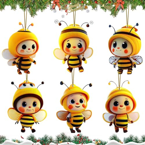 6 Stück Biene Weihnachtsbaumschmuck 2D Acryl Bienen Weihnachtsanhänger Christbaumschmuck Tannenbaumschmuck Christbaumanhänger Für Bienenliebhaber Auto Ornament Geschenke