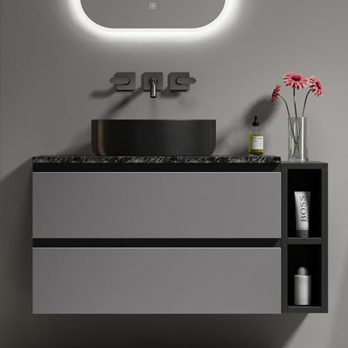 Waschbecken mit Unterschrank, Waschbeckenunterschrank Hängend 80 cm Breit, Badschrank mit Keramik Waschbecken, Waschtisch mit Unterschrank, 2 Schubladen, Modernes Design Badmöbel Set, Schwarz-graue