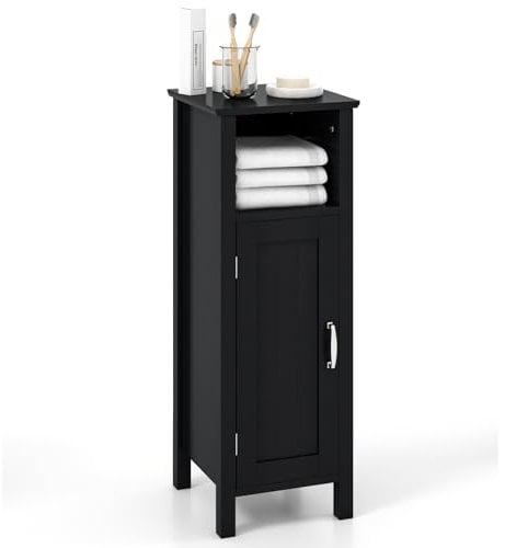 COSTWAY Badezimmerschrank, Badschrank mit offenem Fach, Schranktür & Verstellbarer Ablage, Beistellschrank, Aufbewahrungsschrank für Badezimmer, Wohnzimmer, Schwarz, 30 x 30 x 80 cm