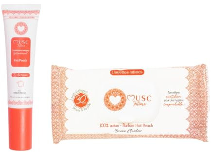MUSC INTIME La Marque Officielle - Combo Fraîcheur - Parfum Intime & Lingettes - Hot Peach - La Charmeuse - Nettoie & Parfume en Douceur les Parties Intimes - 30ml & 30 unités