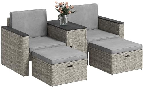 Outsunny 5 Piece Rattan Garden Furniture Set, Nesting Outdoor Furniture Conversation Set with 2 Footstools, WPC Storage Coffee Table and Cushions, Wicker Garden Sofa for Conservatory, Terrace, Grey