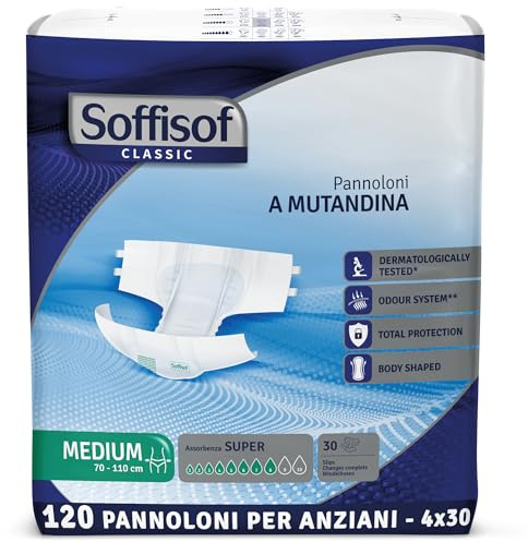 Soffisof Classic Windeln für Erwachsene Super M - 120x Inkontinenz Slip - 4 Packungen mit 30 Erwachsenen Windeln, 8 Tropfen - Inkontinenz Schutzhosen