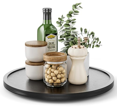 LAMU Akazienholz Drehteller für Küche, Lazy Susan aus Holz für Schrank, Arbeitsplatte und Vorratsschrank-Organisation, Schwarz 25.4cm