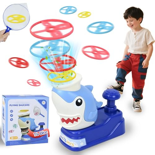 Joellfuner Disco Volador para Niños, Lanzador de Disco Volador, Juguetes de Hélice para Exterior, Flying Disc Launcher con 36 Piezas Platillos Voladores, para Niños a Partir de 3 Años (Azul)