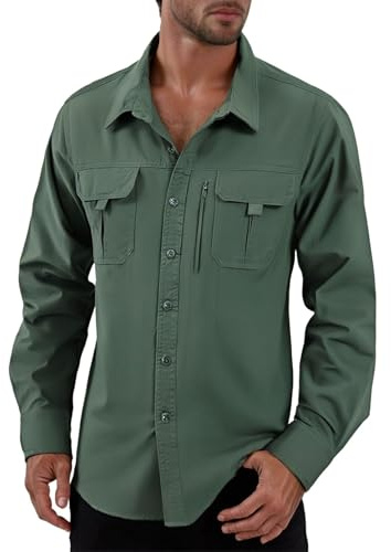 YOSUWOAI Camicia da uomo Safari da trekking a maniche lunghe, funzionale, traspirante, in cotone, con bottoni, da pesca, per attività all'aperto, vintage, a maniche lunghe