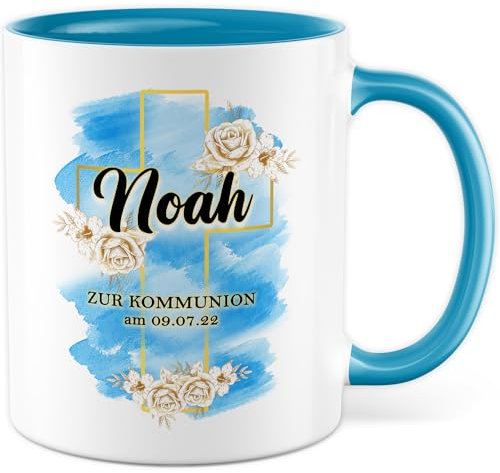 Kommunion Tasse mit Namen Personalisiert - Geschenk Zur Kommunion mit Datum und Name für Junge - Kaffeetasse 330ml aus Keramik - Kommunionpate Patin Christentum Katholische Kirche Glaube