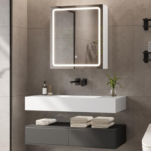 Spiegelschrank Bad 50 breit mit Beleuchtung und Verstellbaren Regale,Weiß | Badezimmer Spiegelschrank,50x60x16.5 cm,spiegelschrank bad,Berührung Sensorschalter,3 Farbtemperatur Dimmbare