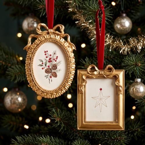 Leinuosen Mini-Bilderrahmen im Vintage-Stil, hängende Ornamente für Weihnachtsbaum, goldene Schleife, Bilderrahmen, antiker rechteckiger Fotorahmen, Ornamente für Zuhause, Hochzeit, Galerie