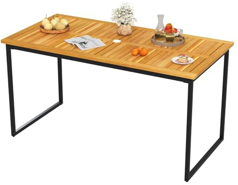 FANTASK Esstisch aus Akazienholz, 140 x 70 x 73 cm, Gartentisch mit Schirmloch, rechteckiger Balkontisch für 6 Personen, bis 75 kg, rechteckiger Outdoor Esstisch für Garten, Terrasse
