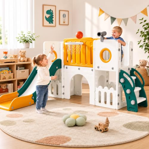 MAMIZO 9 in 1 Kinderrutsche, Indoor & Outdoor Rutsche | mit Basketballkorb und Teleskop, Tunnel, Stauraum, Gartenrutsche,Kinder Spielplatz, mit 4PCS Moduls, Gelbgrün