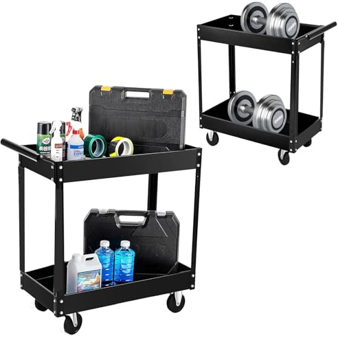 2 Tiers Rolling Metal Tool Trolley-Heavy Duty 300lbs Mechanic Cart on Wheels, Utility Rolling Tool Storage Organizer for Garage, Workshop & Warehouse