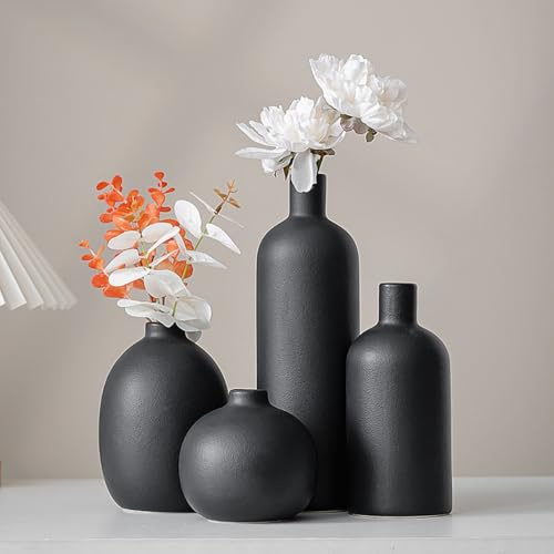 Set di 4 vasi in Ceramica,vasi in Ceramica per la Decorazione Domestica,Vaso Decorativo per Erba di Pampa e Fiori secchi,Decorazione per l'ingresso (Nero)