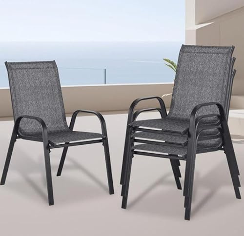 Gartenstühle 4er Set, Gartenstühle Stapelbar, Textilene und Metallgestell Gartensessel Wetterfest, Terrassenstühle mit Armlehnen, Stapelstühle für Garten, Balkon, Terrasse und Camping (4, Grau)