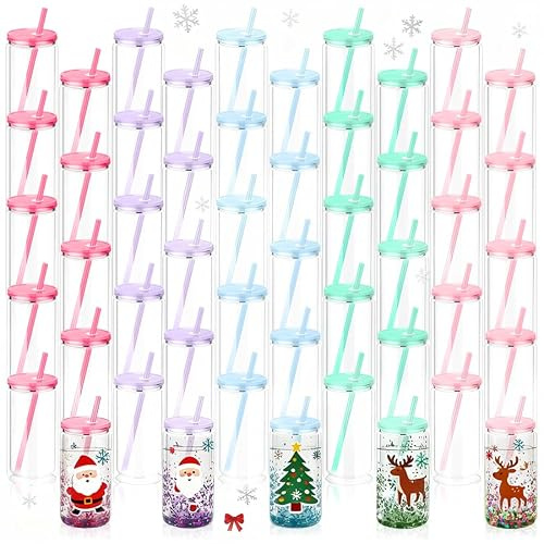 50pcs 16 Oz Clear Colorful Acrylic Snowglobe Tumbler with Pre-Drilled Double Wall Water Bottles, Includes Colorful Lid and Straws, Versatile for Halloween Thanksgiving Christmas Birthday Graduation DI