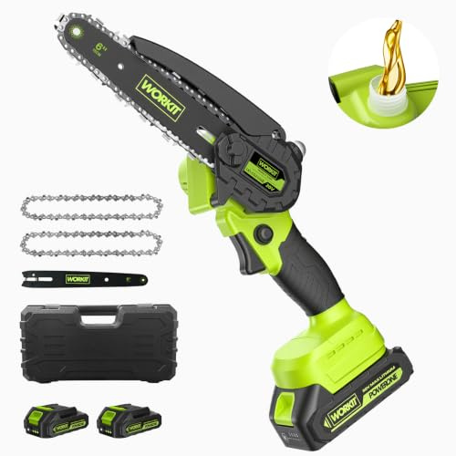 WORKIT 6 Zoll Mini Kettensäge mit Akku Bürstenlos, Elektrische Handkettensäge mit 2 x 2000mAh Akkus & Automatischer Ölung, Tragbare Astsäge Akku für Holzbearbeitung, Gartenpflege & Baumschnitt