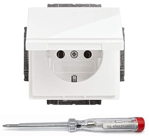 Spannungsprüfer 120-250V® + BUSCH-JAEGER Steckdose 20 EUK-84 mit Klappdeckel studioweiß gl.
